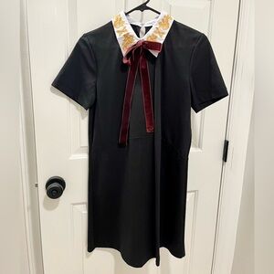 Women’s Zara Black Dress with Velvet Tie and Embroidered Collar, size Medium